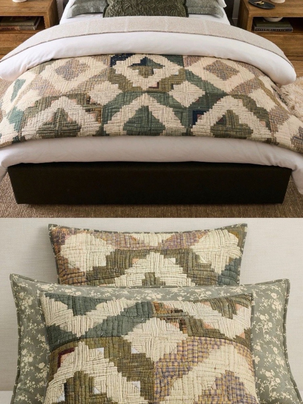 Pottery Barn Wesley Quilt set reversible Geometric patchwork bedspread Olive